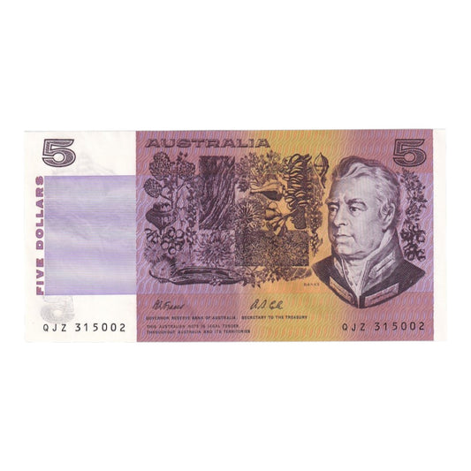 1991 5 Dollar Note - QJZ 315002 - Fraser/Cole - R213 - Very Fine