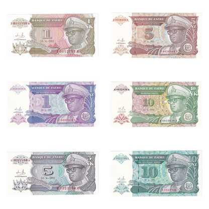 1992-1993 Zaire Banknote Collection - Uncirculated 1992-1993 Issues (11-Note Lot)
