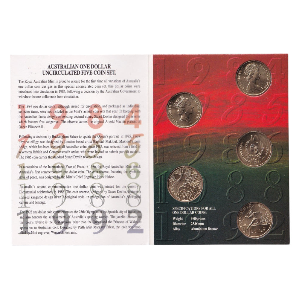 1984-1992 The Australian One Dollar 5 Coin Set