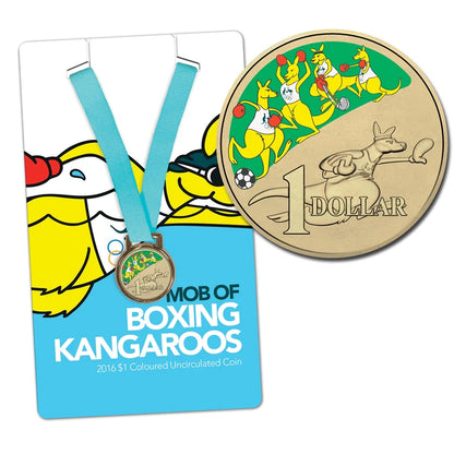 2016 $1 Coin - Mob of Boxing Kangaroos - Coloured Uncirculated Coin - Swimming