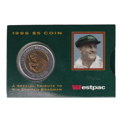 1996 $5 Coin - Sir Donald Bradman Tribute in Westpac Sleeve