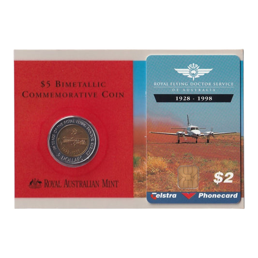 1998 $5 Coin - 70th Anniversary of the Royal Flying Doctor Service with Telstra Phonecard