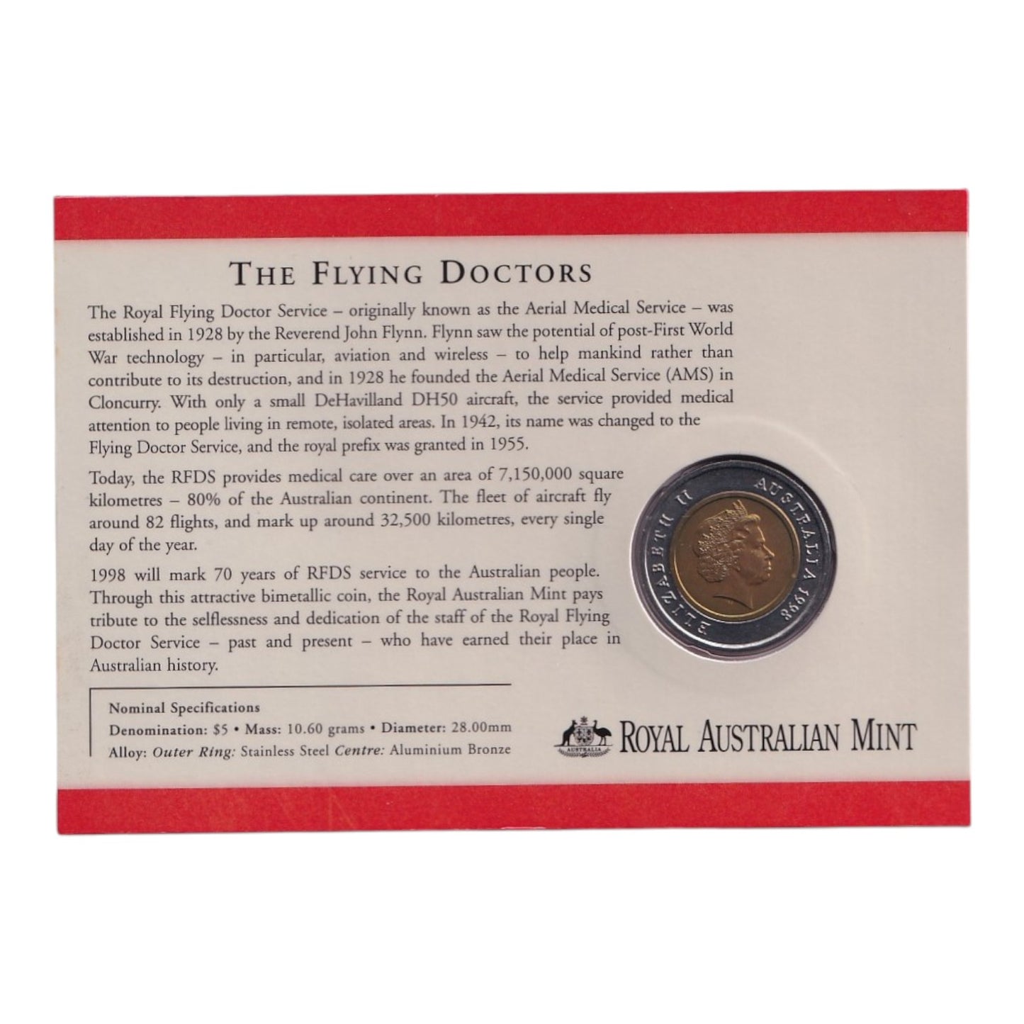 1998 $5 Coin - 70th Anniversary of the Royal Flying Doctor Service with Telstra Phonecard