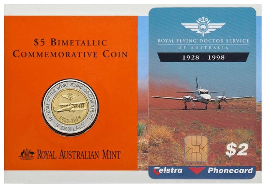 1998 $5 Coin - 70th Anniversary of the Royal Flying Doctor Service with Telstra Phonecard