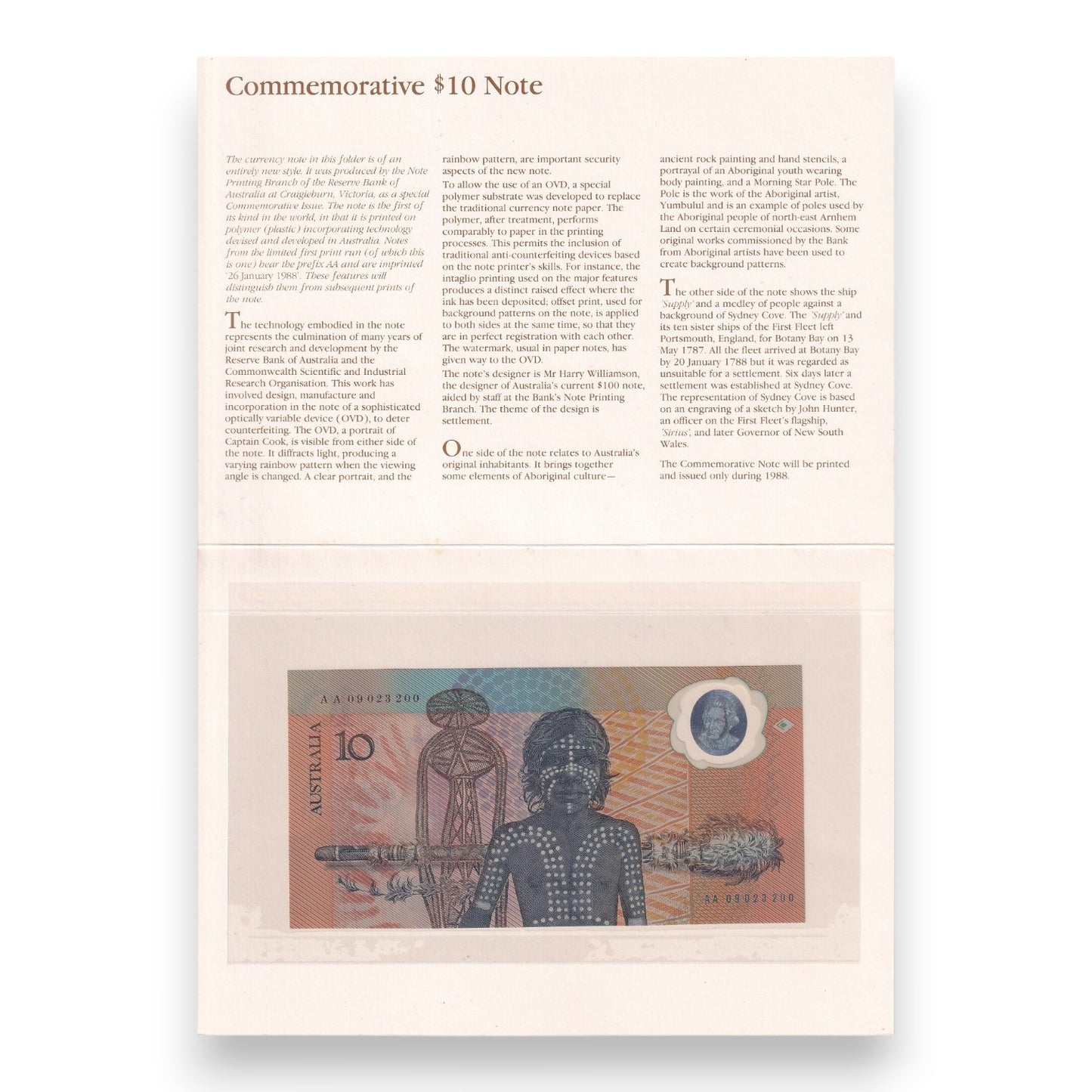 1988 Australian $10 Note - Bicentennial Overprinted Note in NPA Folder - A01(a)