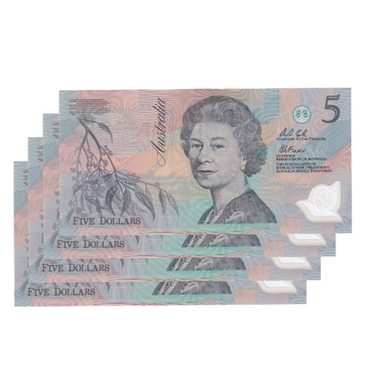 1992 Australian $5 Banknote Bundle (x4) - AB 01380797-0800 - Fraser/Cole - R214i - Pale Green Serial - Uncirculated