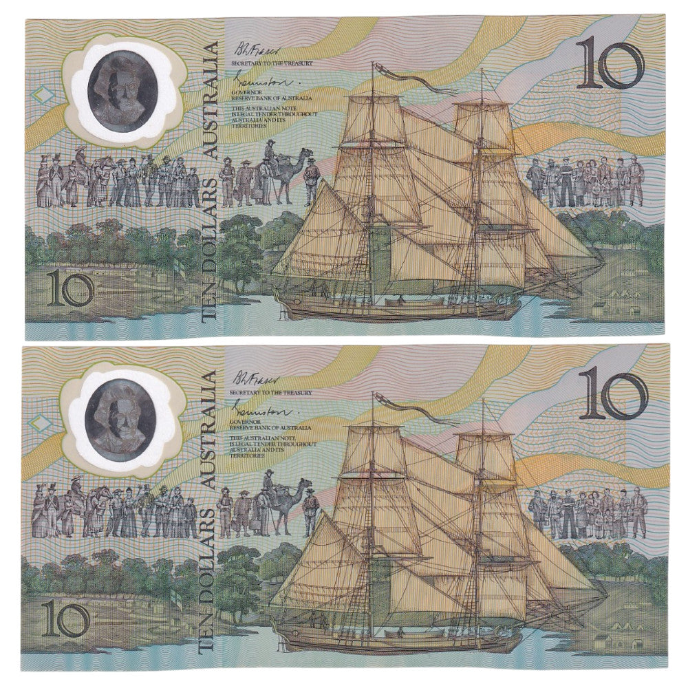 1988 Australian $10 Note Pair - Bicentennial - AB 14349279/80 - R310b - Reissue - Uncirculated