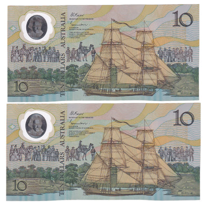 1988 Australian $10 Note Pair - Bicentennial - AB 14349279/80 - R310b - Reissue - Uncirculated