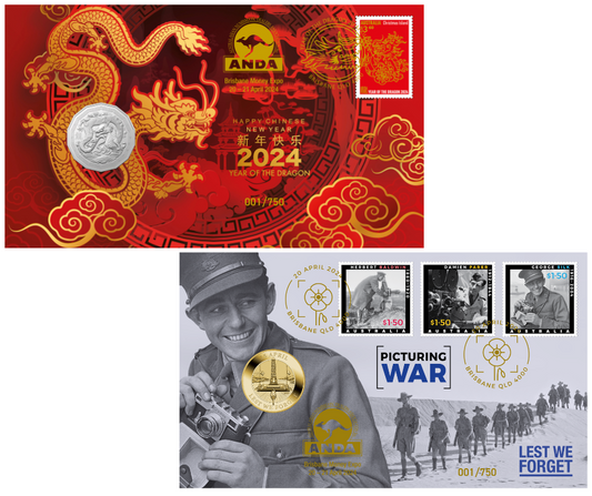 2024 Brisbane ANDA Money Expo - ANDA Overprint Postal Numismatic Cover Pair with matching Serial Numbers