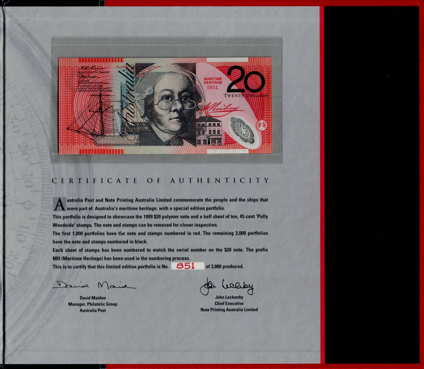 1999 NPA and Australia Post Limited Edition Portfolio - Maritime Heritage - Red overprint - C09(a) - L/E 887 of 1,000