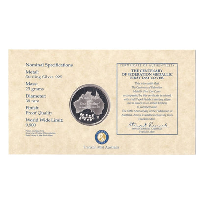 2001 The Centenary of Federation Silver Proof Medallic First Day Cover - Franklin Mint