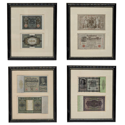 1910-1922 German Mark Notes - 100, 1000, 10000, 50000 - Framed