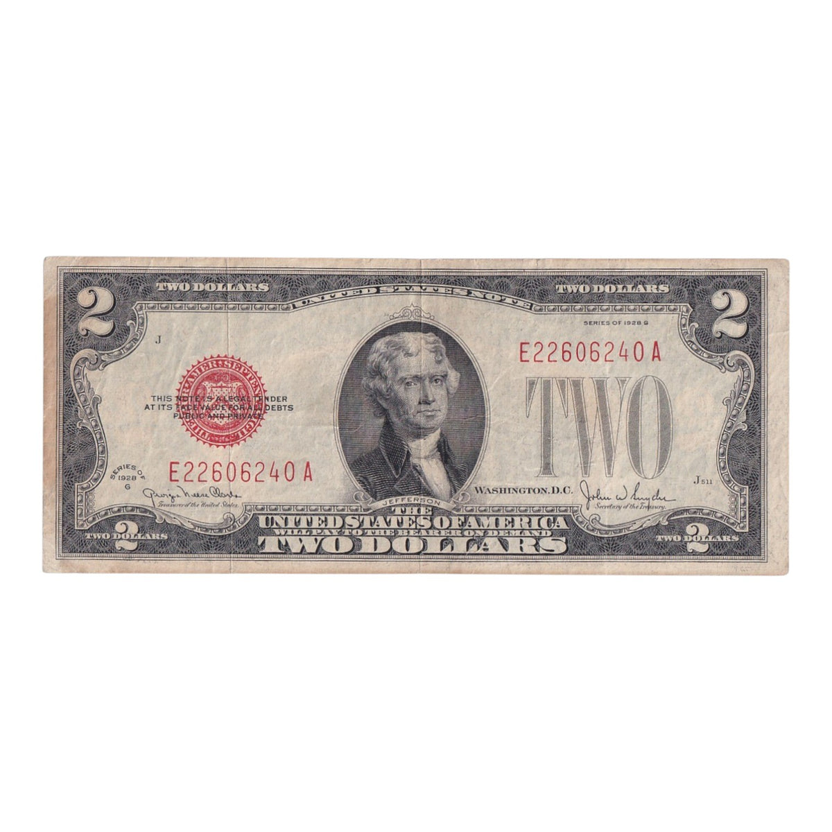 1928-G $2 Red Seal United States Note (VF-25 to VF-30)