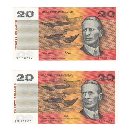 1985 $20 Note Pair - Sequential Numbers - EKD 868514 & EKD 868515 - Johnston/Fraser - Gothic Serial - R409b - About Uncirculated