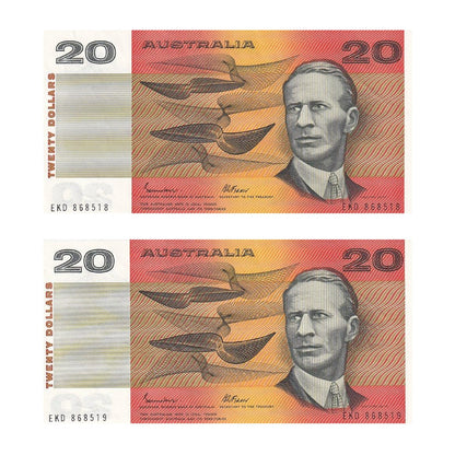 1985 $20 Note Pair - Sequential Numbers - EKD 868518 & EKD 868519 - Johnston/Fraser - Gothic Serial - R409b - About Uncirculated