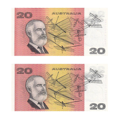 1985 $20 Note Pair - Sequential Numbers - EKD 868518 & EKD 868519 - Johnston/Fraser - Gothic Serial - R409b - About Uncirculated
