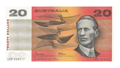 1985 Australian $20 Note - EKD 868517 - Johnston/Fraser - Gothic Serial - R409b - About Uncirculated