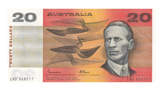 1985 Australian $20 Note - EKD 868517 - Johnston/Fraser - Gothic Serial - R409b - About Uncirculated