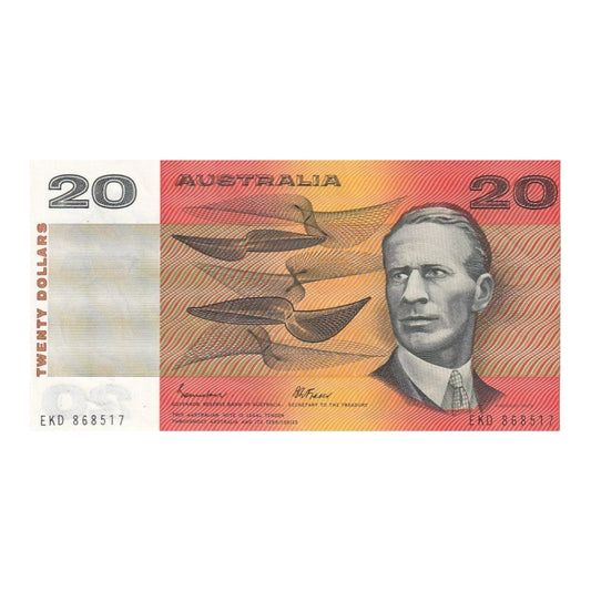 1985 Australian $20 Note - EKD 868517 - Johnston/Fraser - Gothic Serial - R409b - About Uncirculated