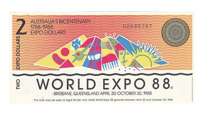 1988 2 Expo Dollars - Novelty Banknote World Expo 88 Commemorative - About Uncirculated