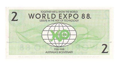 1988 2 Expo Dollars - Novelty Banknote World Expo 88 Commemorative - About Uncirculated