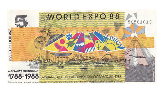 1988 5 Expo Dollars - Novelty Banknote World Expo 88 Commemorative - About Uncirculated