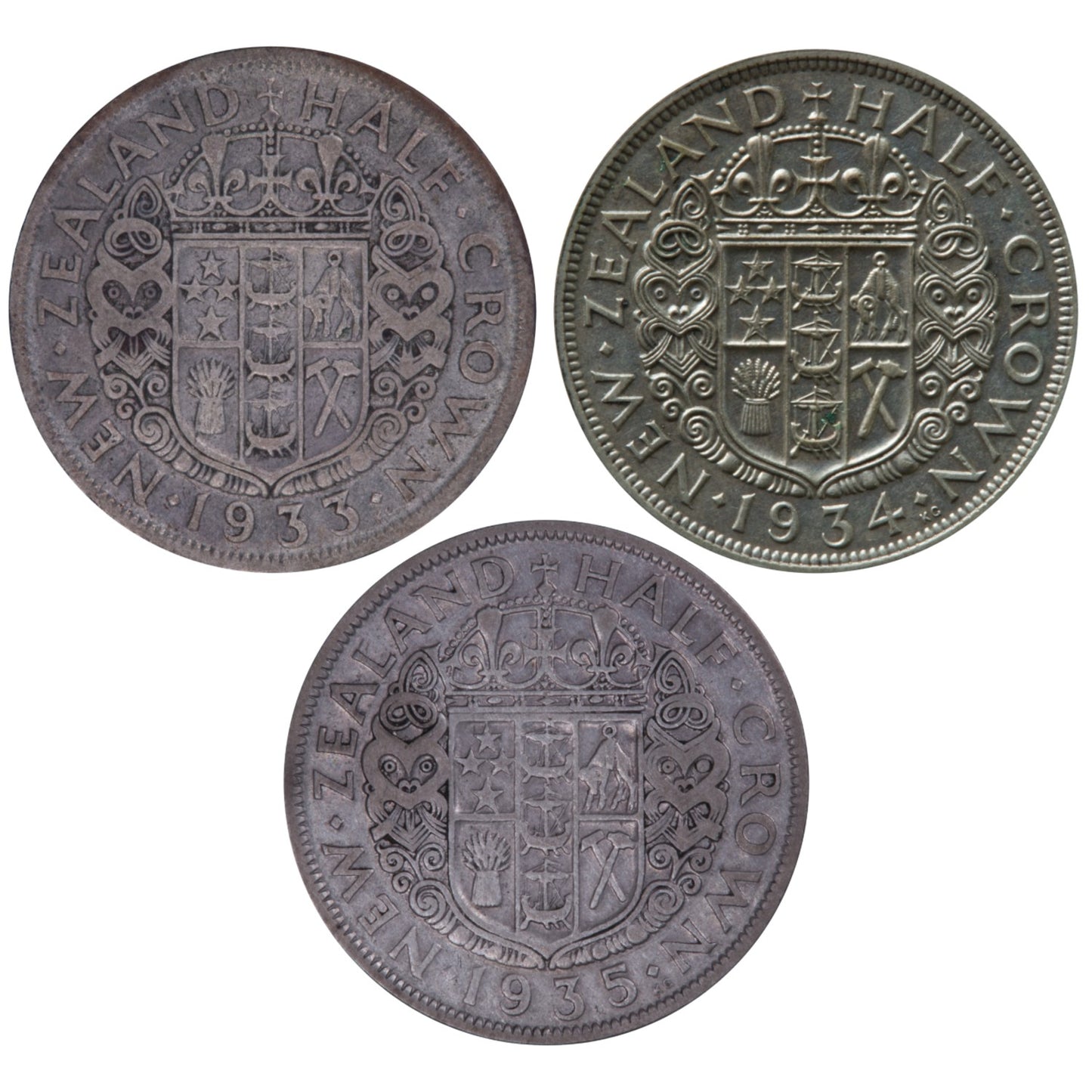 1933 to 1935 New Zealand - Silver Half Crown Three-Coin Set