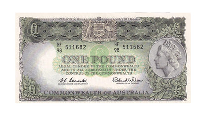 1961 Australian £1 Note - HF98 511682 - COOMBS/WILSON - Reserve Bank, Dark green back - R34a - Mid-Range Prefix - Uncirculated