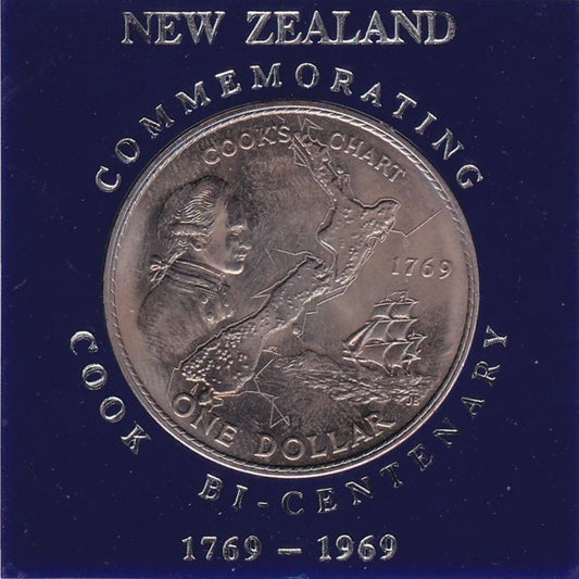 1969 New Zealand $1 Coin - 200th anniversary of Lt. James Cook's Voyage In Original Case