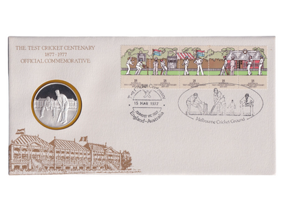 1977 Test Cricket Centenary - 1877-1977 First Day cover & Sterling Silver medal in folder
