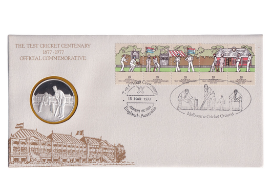 1977 Test Cricket Centenary - 1877-1977 First Day cover & medal in folder