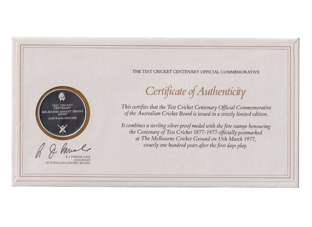 1977 Test Cricket Centenary - 1877-1977 First Day cover & Sterling Silver medal in folder