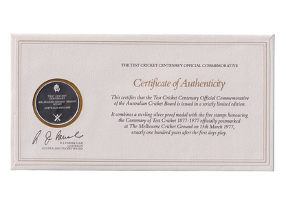 1977 Test Cricket Centenary - 1877-1977 First Day cover & Sterling Silver medal in folder