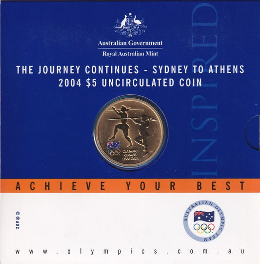 2004 $5 Coin - The Journey Continues - Sydney to Athens - Olympic Games