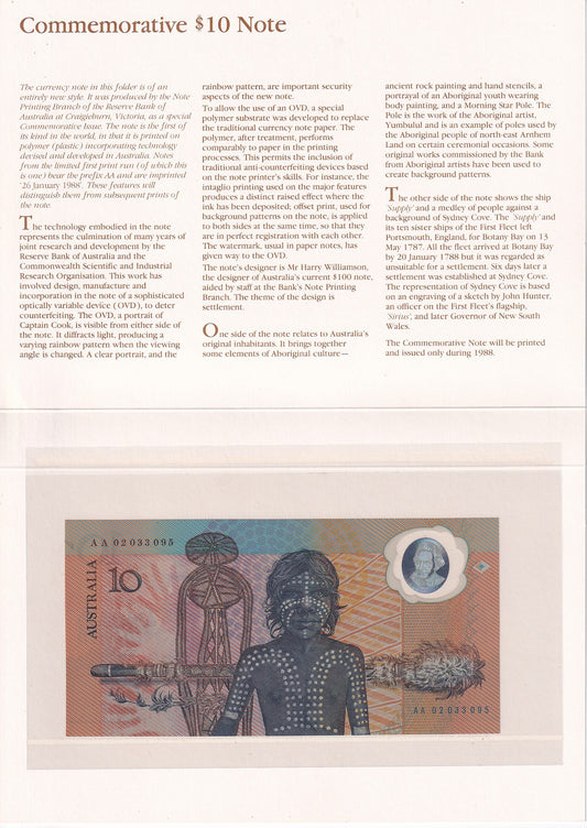 1988 Australian $10 Note - Bicentennial Overprinted Note in NPA Folder - (A01)a