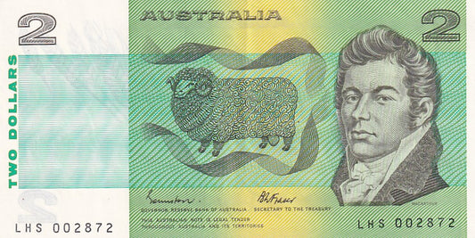 1985 Australian 2 Dollar Note - LHS 002872 - Johnston/Fraser - R89 General Prefix - Extremely Fine