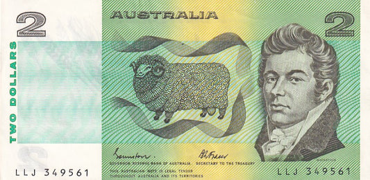 1985 Australian 2 Dollar Note - LLJ 349561 - Johnston/Fraser - R89 General Prefix - Extremely Fine