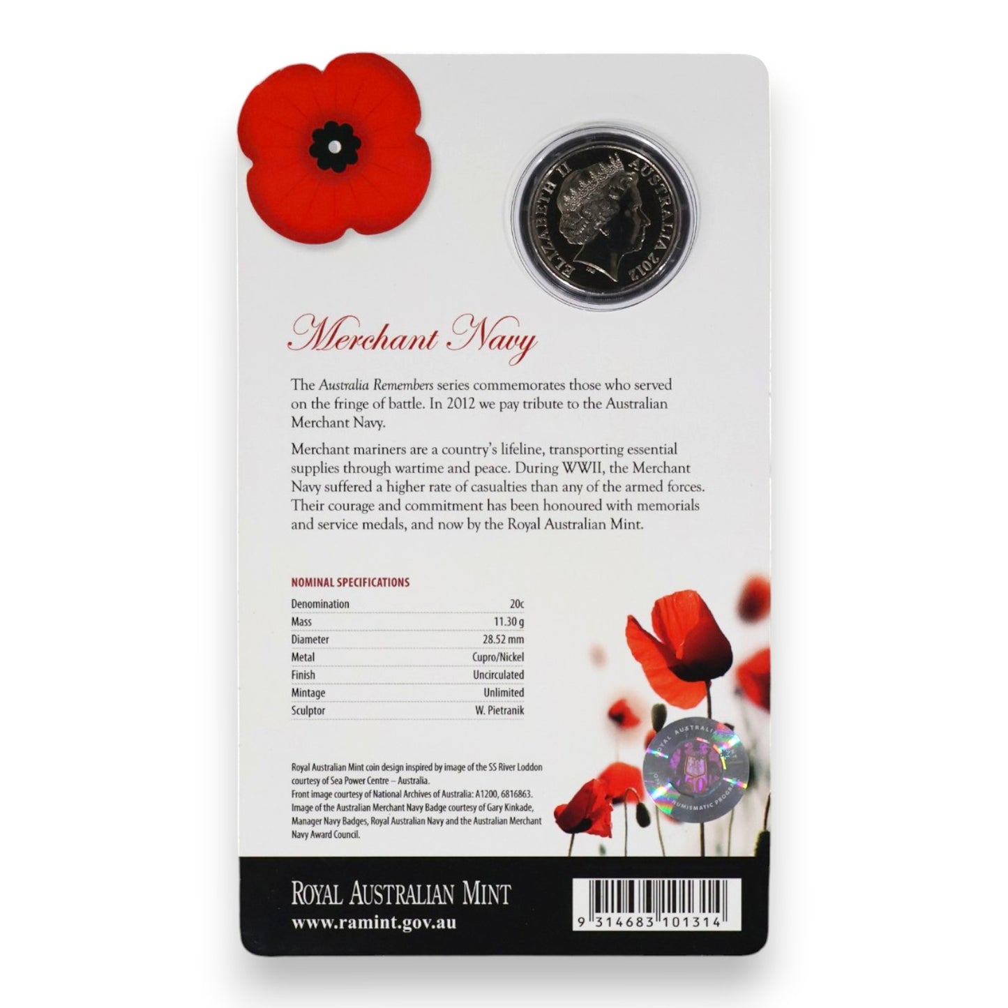2012 20c Coin - Australia Remembers - Merchant Navy