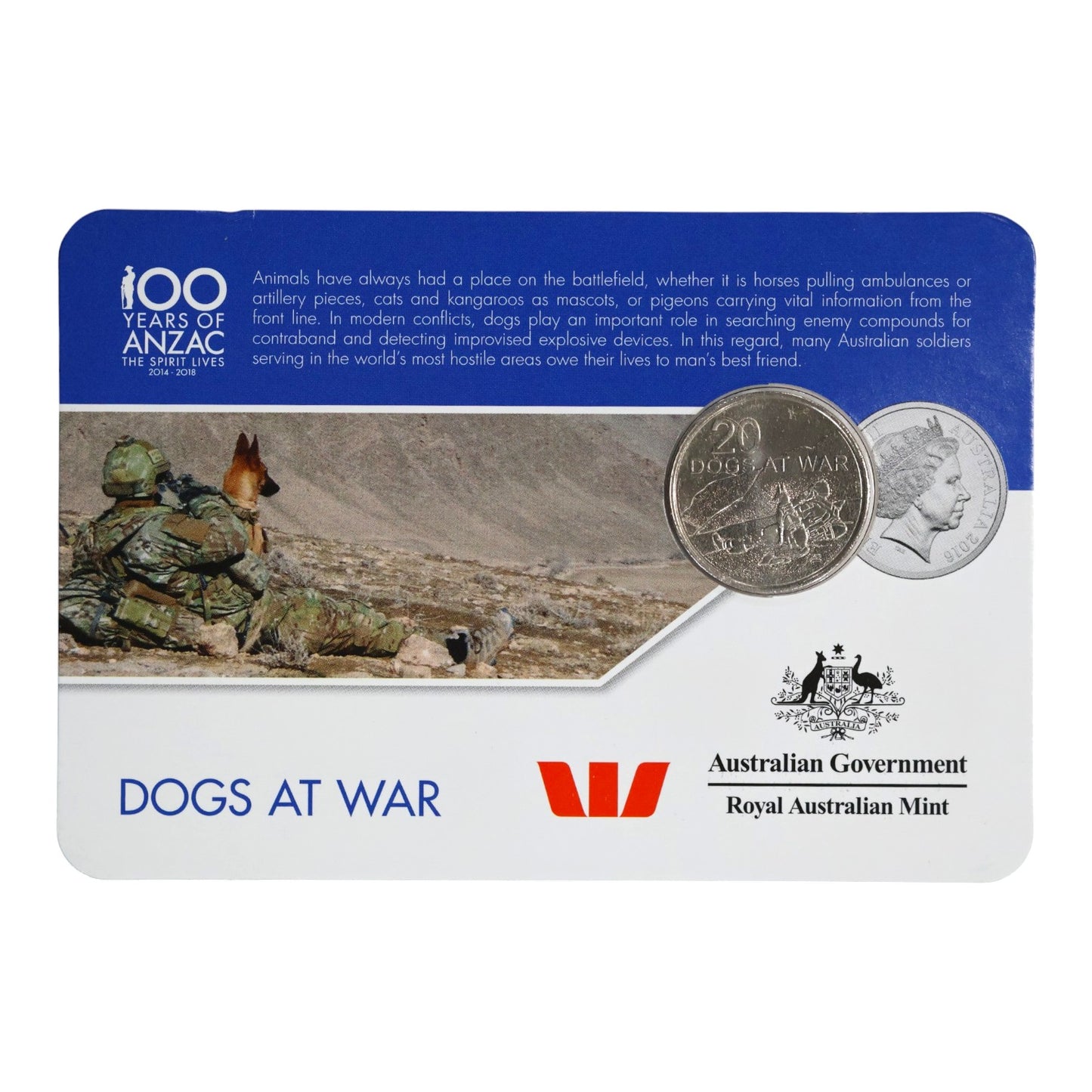 2016 20c Coin - 'Anzac to Afghanistan' - Dogs at War