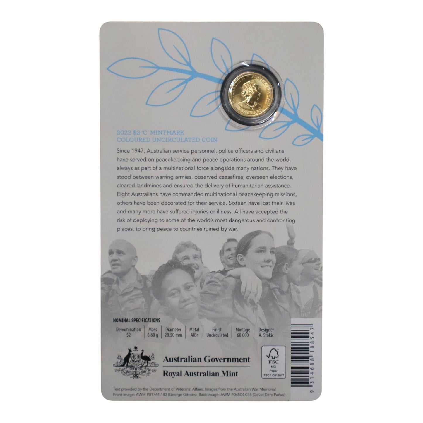 2022 $2 Coloured Uncirculated Coin – 75 Years of Australian - 'C' Mintmark