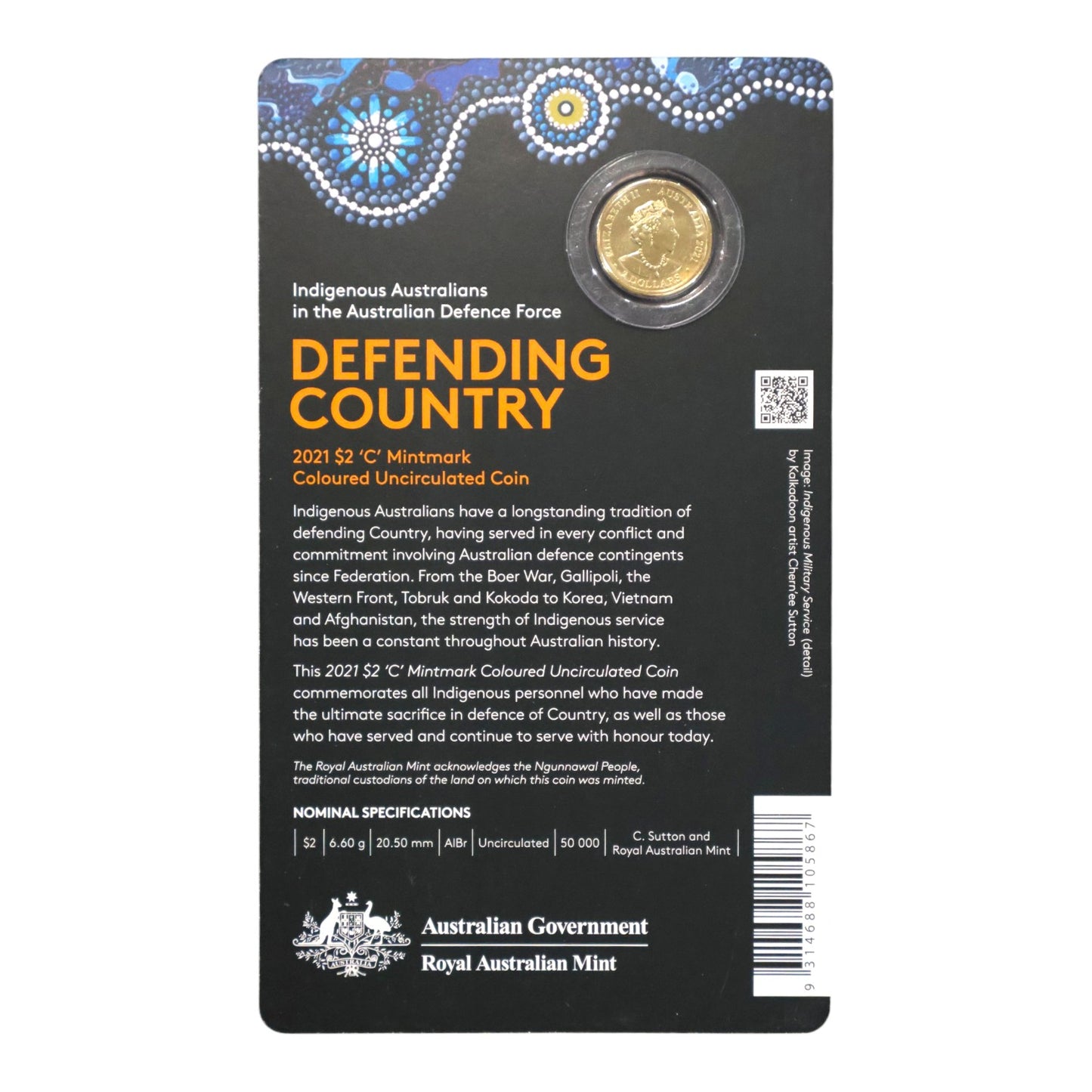 2021 $2 Coin - "Defending Country" Indigenous Military Service - 'C' Mintmark