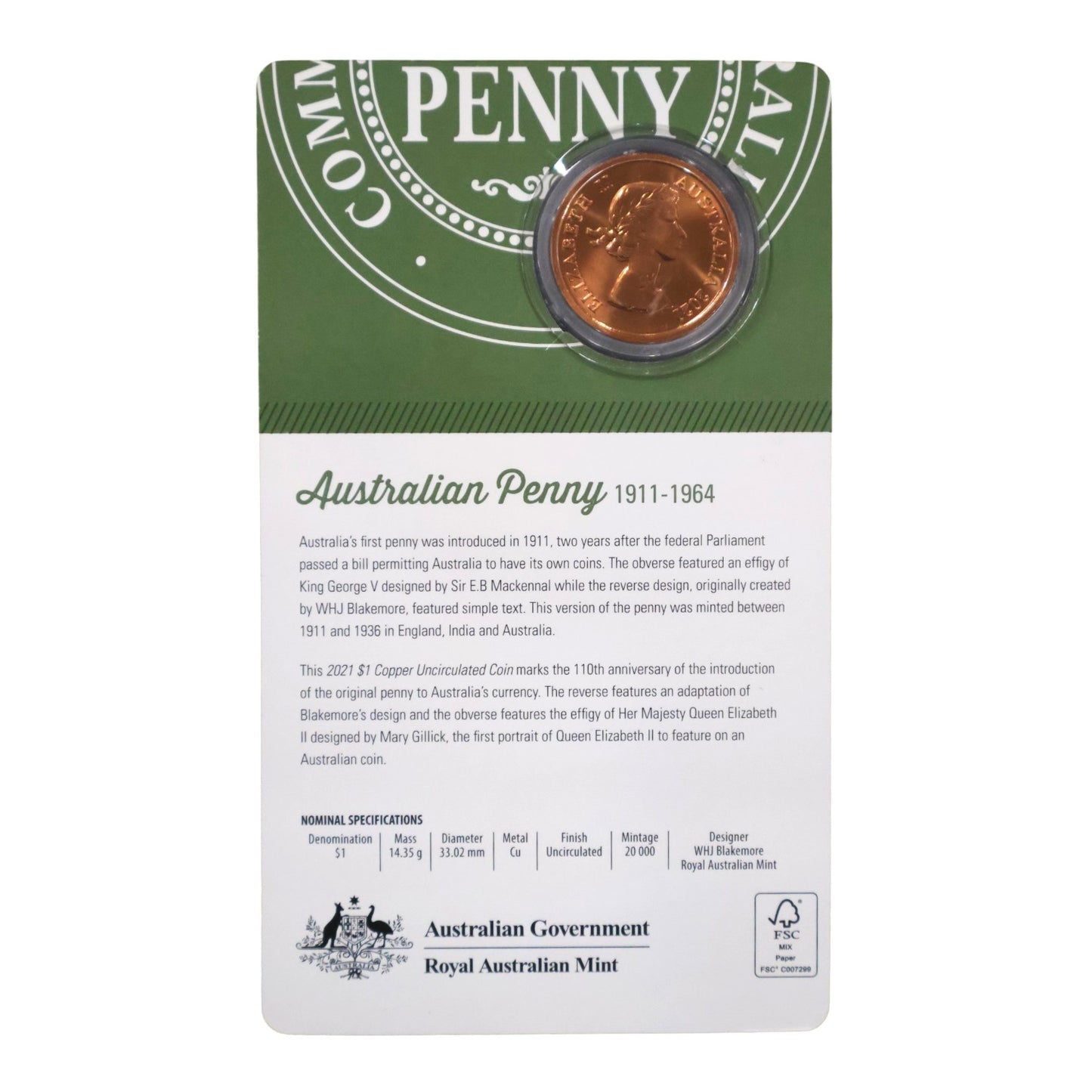 2021 $1 Copper Uncirculated Coin – 110th Anniversary of the Australian Penny (1911–1936 Tribute)