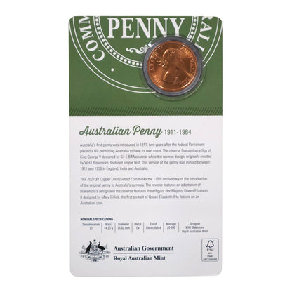2021 $1 Copper Uncirculated Coin – 110th Anniversary of the Australian Penny (1911–1936 Tribute)