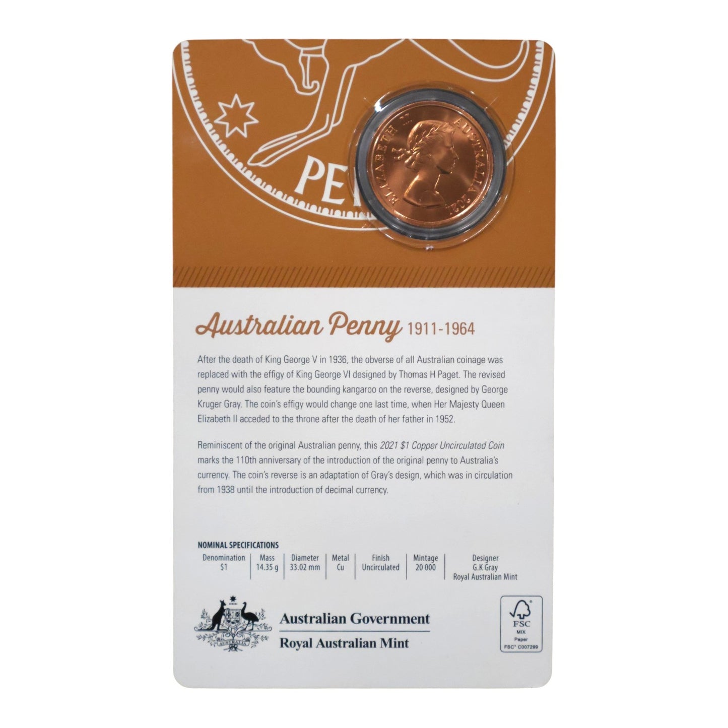 2021 $1 Copper Uncirculated Coin – 110th Anniversary of the Australian Penny (1937–1964 Tribute)