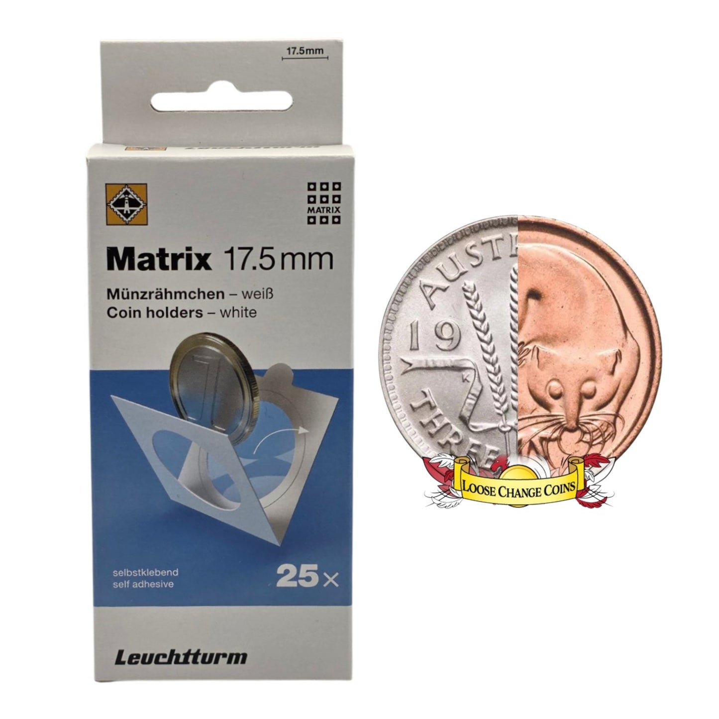 Lighthouse MATRIX WHITE Self-Adhesive Coin Holders - 1 Cent Coin & Threepence: 17.5mm