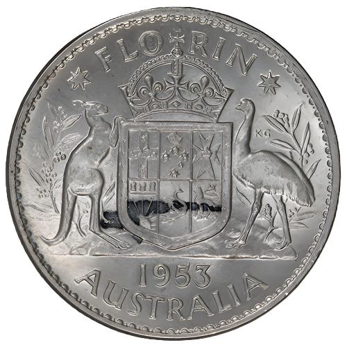 1953 Australian Florin - Uncirculated with Ink Mark