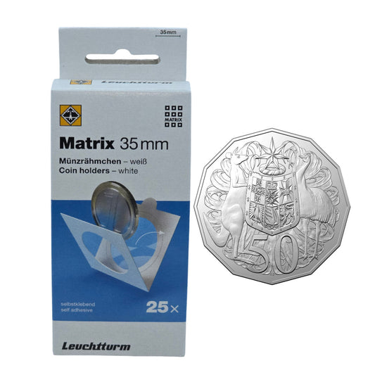 MATRIX 2x2 Self-Adhesive Coin Holders - 50 Cent Coin: 35mm (x25)