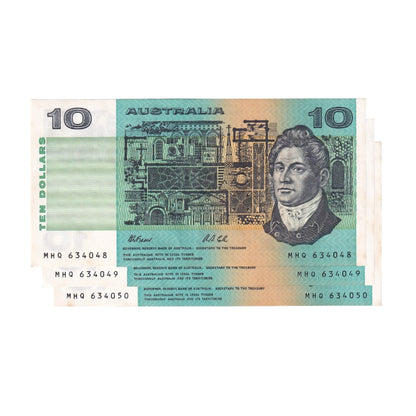 1991 Australian 10 Dollar Note Set - MHQ 634048/49/50 - Fraser/Cole with Plate Letter - R313a - Extremely Fine