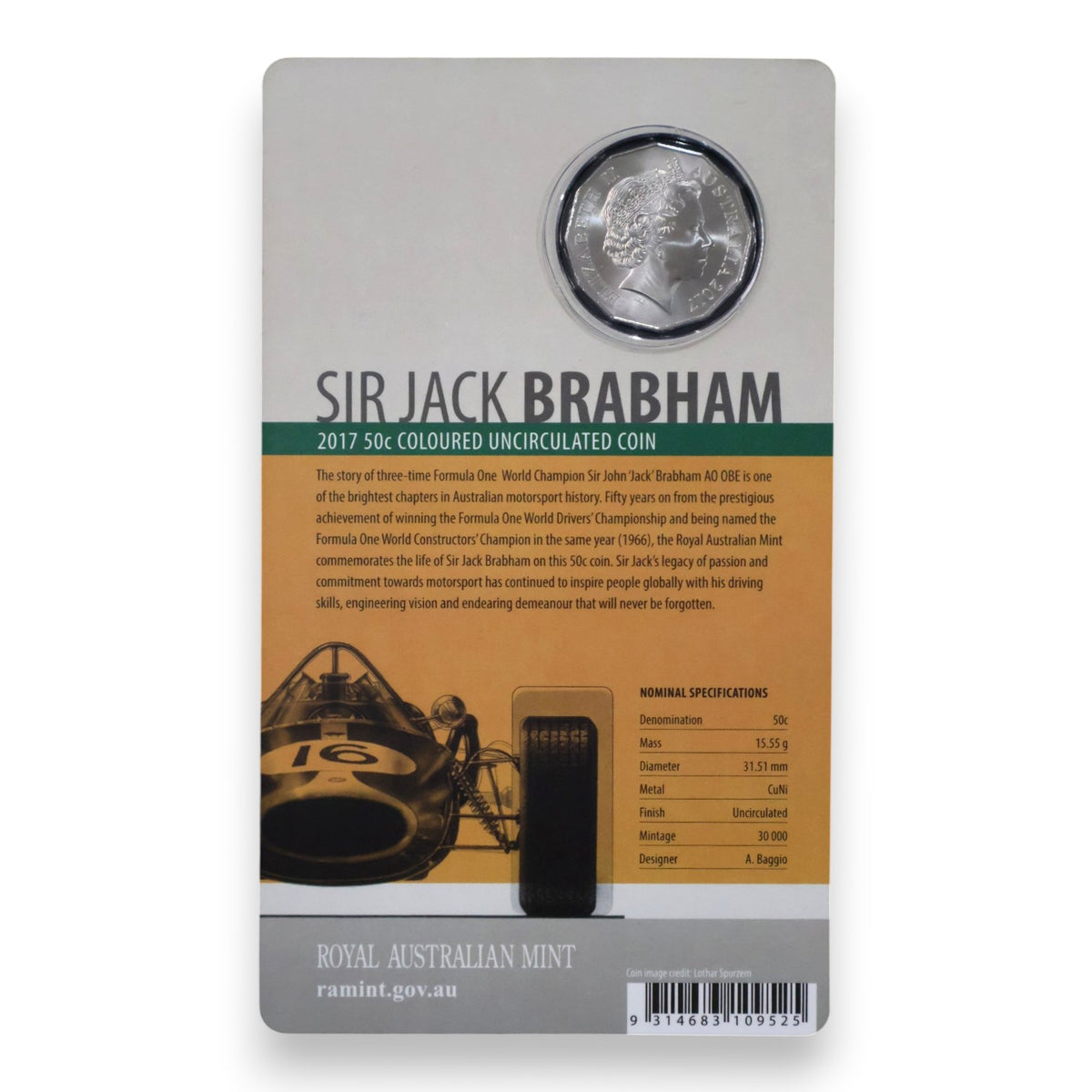 2017 50c Coloured Uncirculated Coin - 50th Anniversary of Sir Jack Brabham World Championship