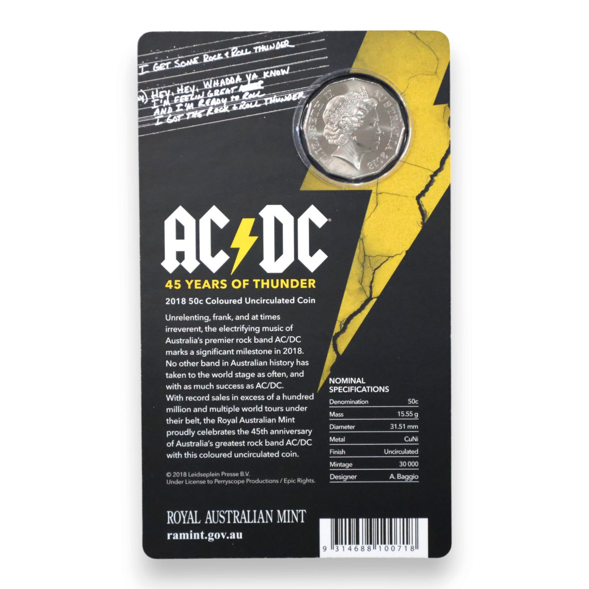 2018 50c Coin - AC/DC 45 Years of Thunder